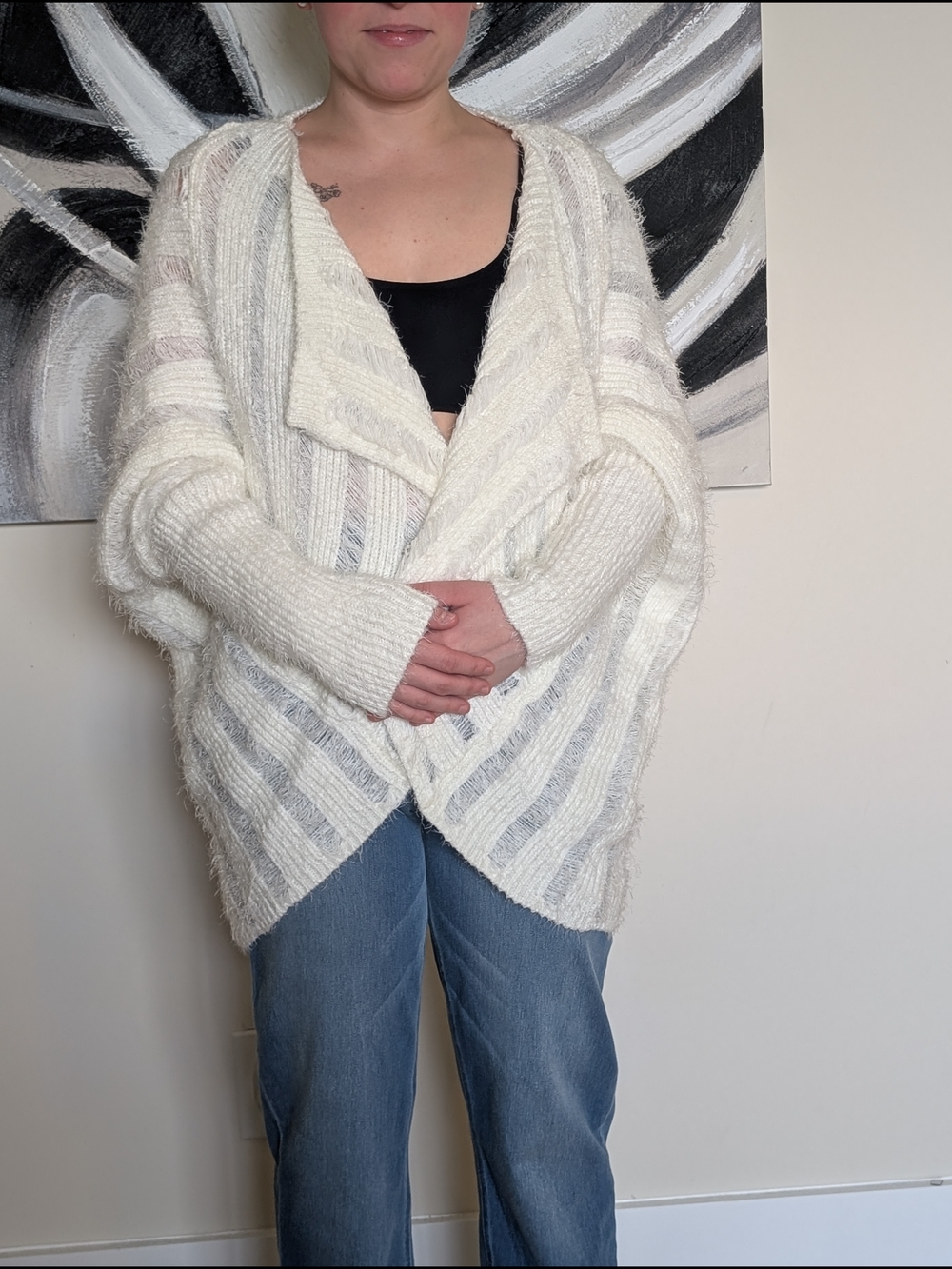 Hayden Women's Cream Open-Front Textured Cardigan Sweater